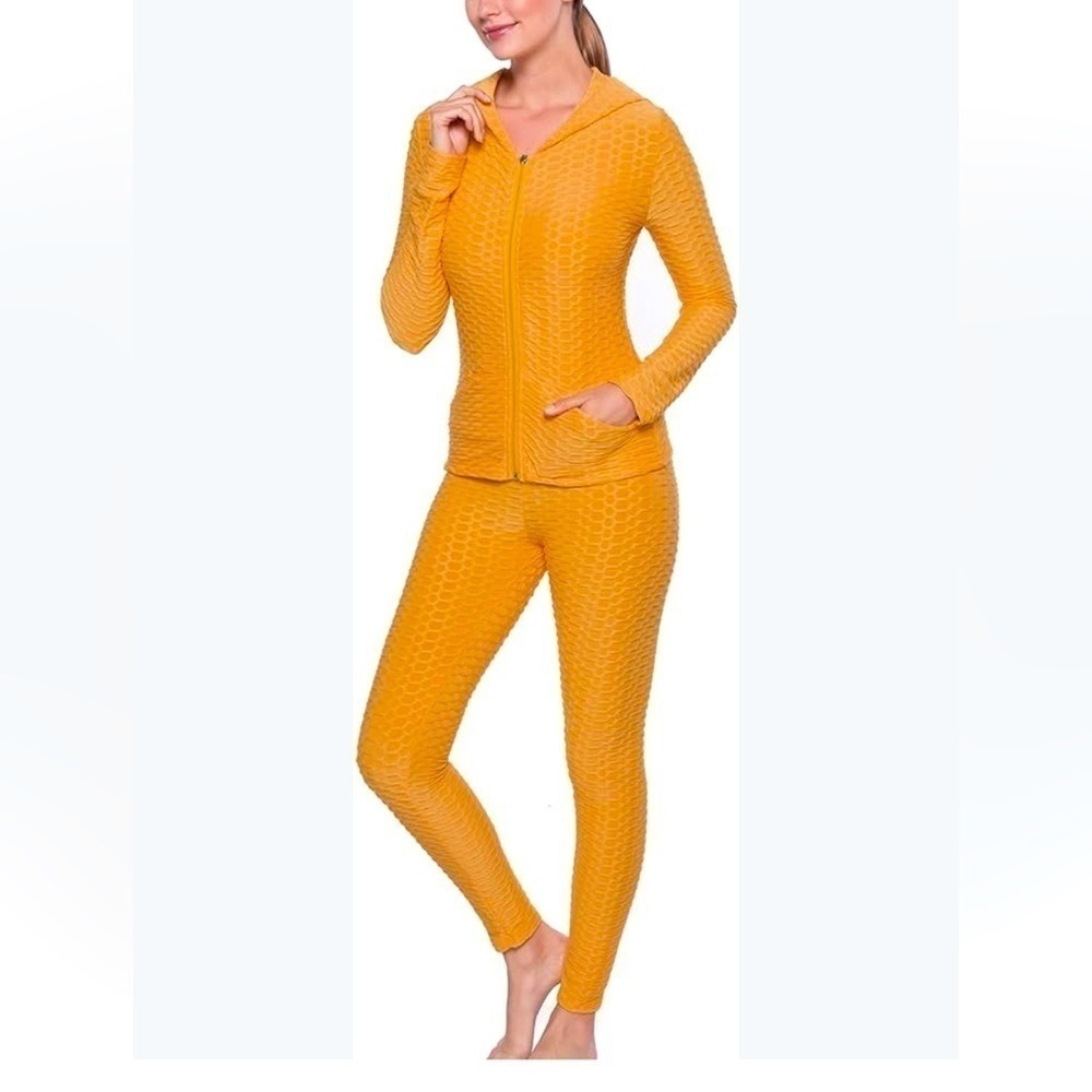 Honeycomb Textured 2 Piece Tracksuit Set Mustard Yellow‎ Scrunch Butt Leggings